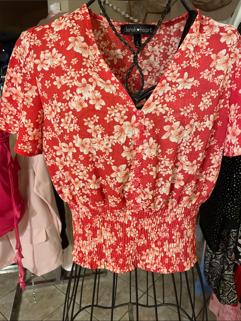 Derek Heart Red Floral Smocked-Waist Button Top